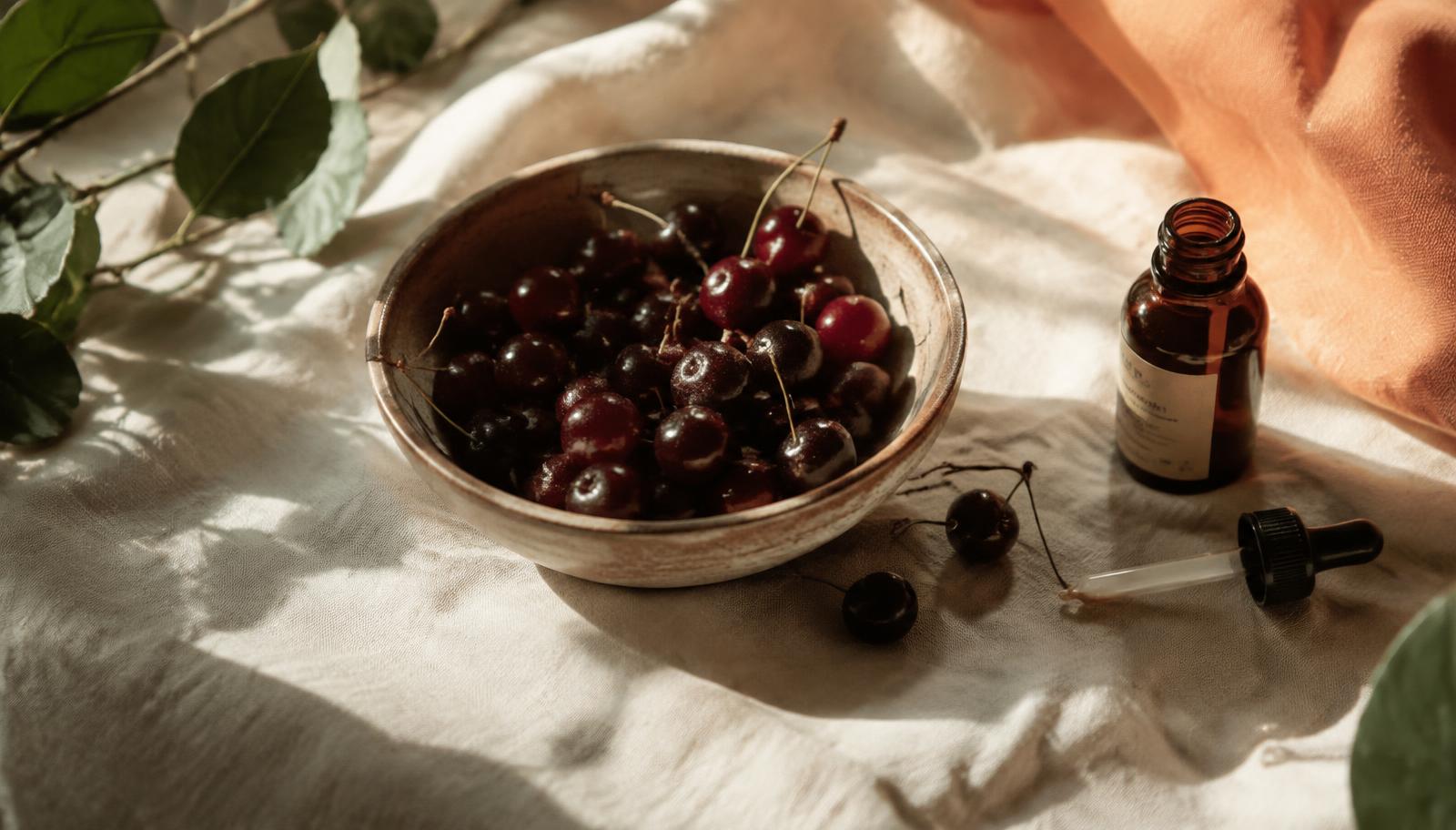Bowl of dark tart cherries beside a small amber bottle