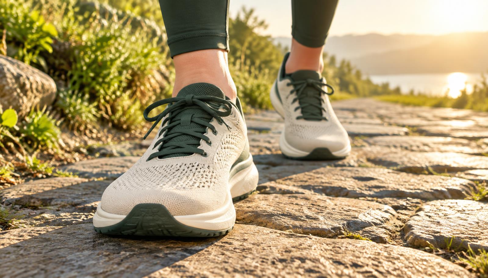 Runner's feet in wide sneakers on a sunlit stone path