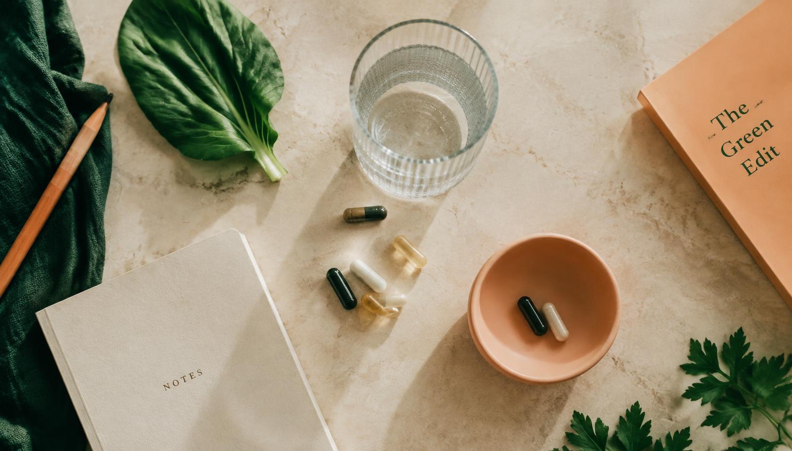 Capsules, a glass of water, greens and a notebook on stone